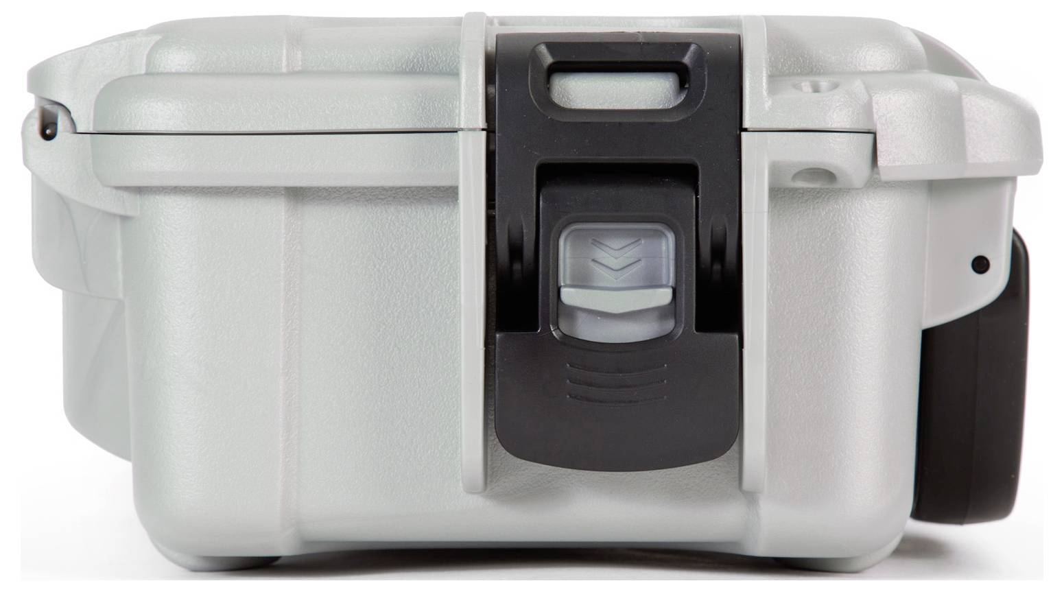 Hard-shell suitcase made from durable material with a black fastening.