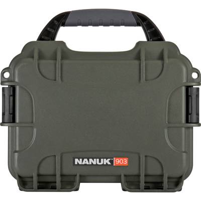 Robust olive green protective case with black handle and clasps, 'Nanuk 903' brand name on the front, designed for secure transportation.