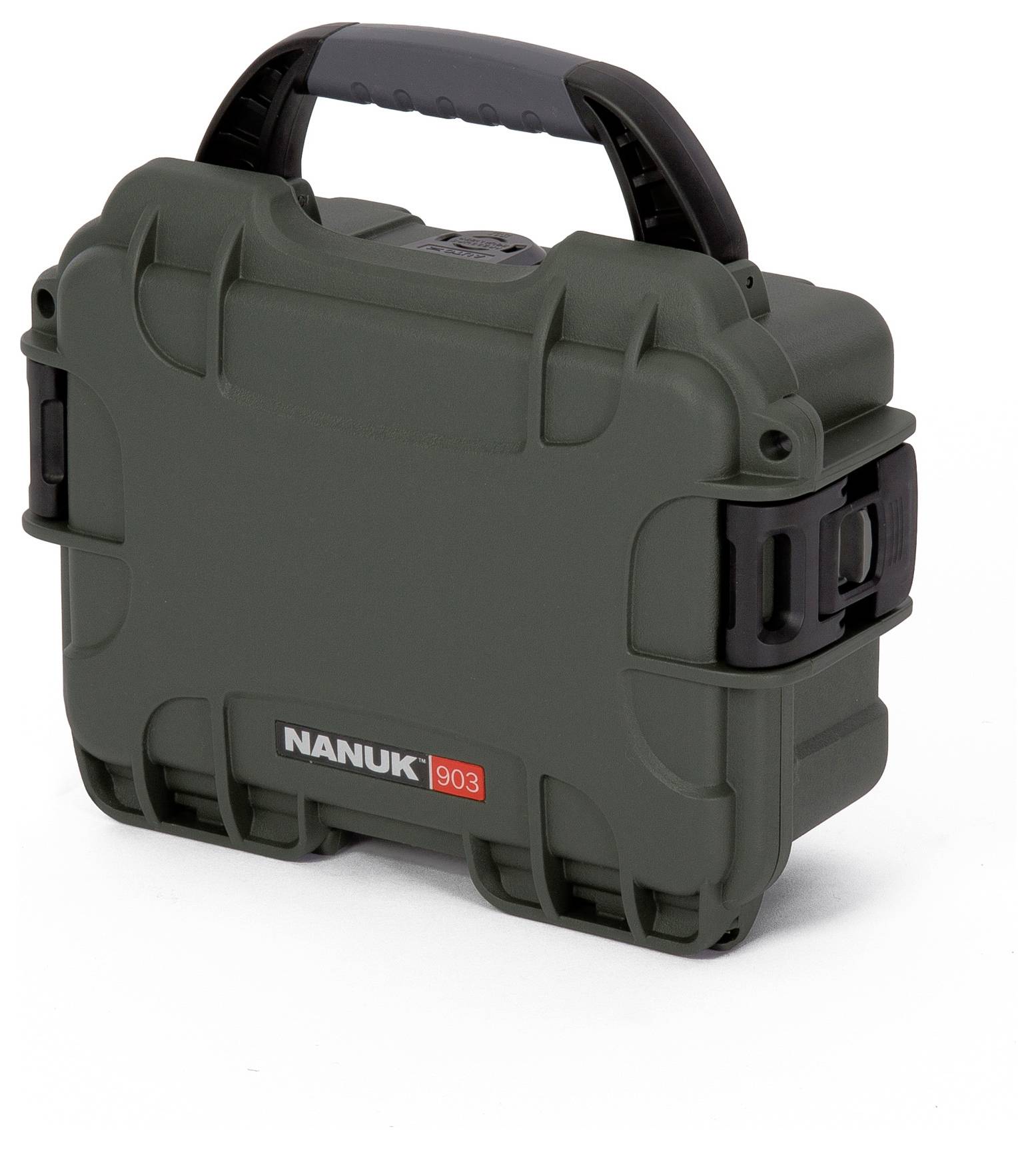 Robust, dark green Nanuk 903 protective case with carry handle, ideal for safely transporting delicate items.