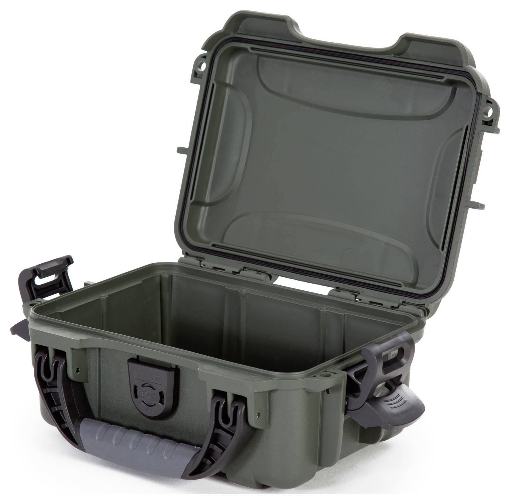 An opened, empty, grey hard-shell suitcase with a carry handle, used to protect delicate items.