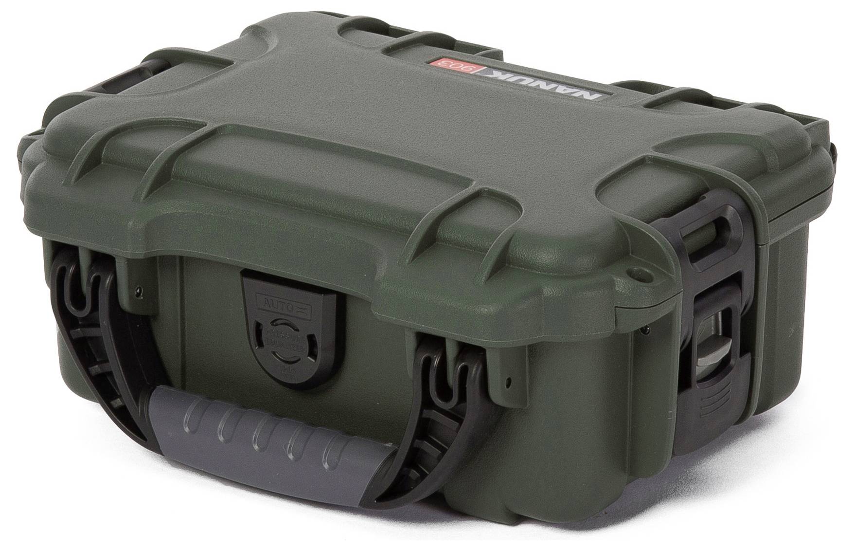 Green, robust protective case with carry handle and snap locks, suitable for the secure transportation of delicate equipment.