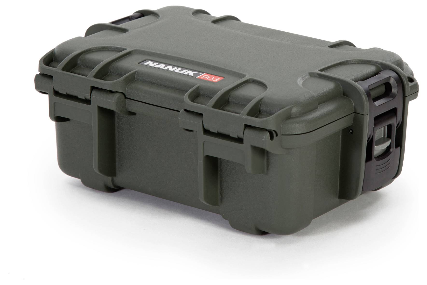 Robust, dark green protective plastic case with reinforced corners and a secure locking system.