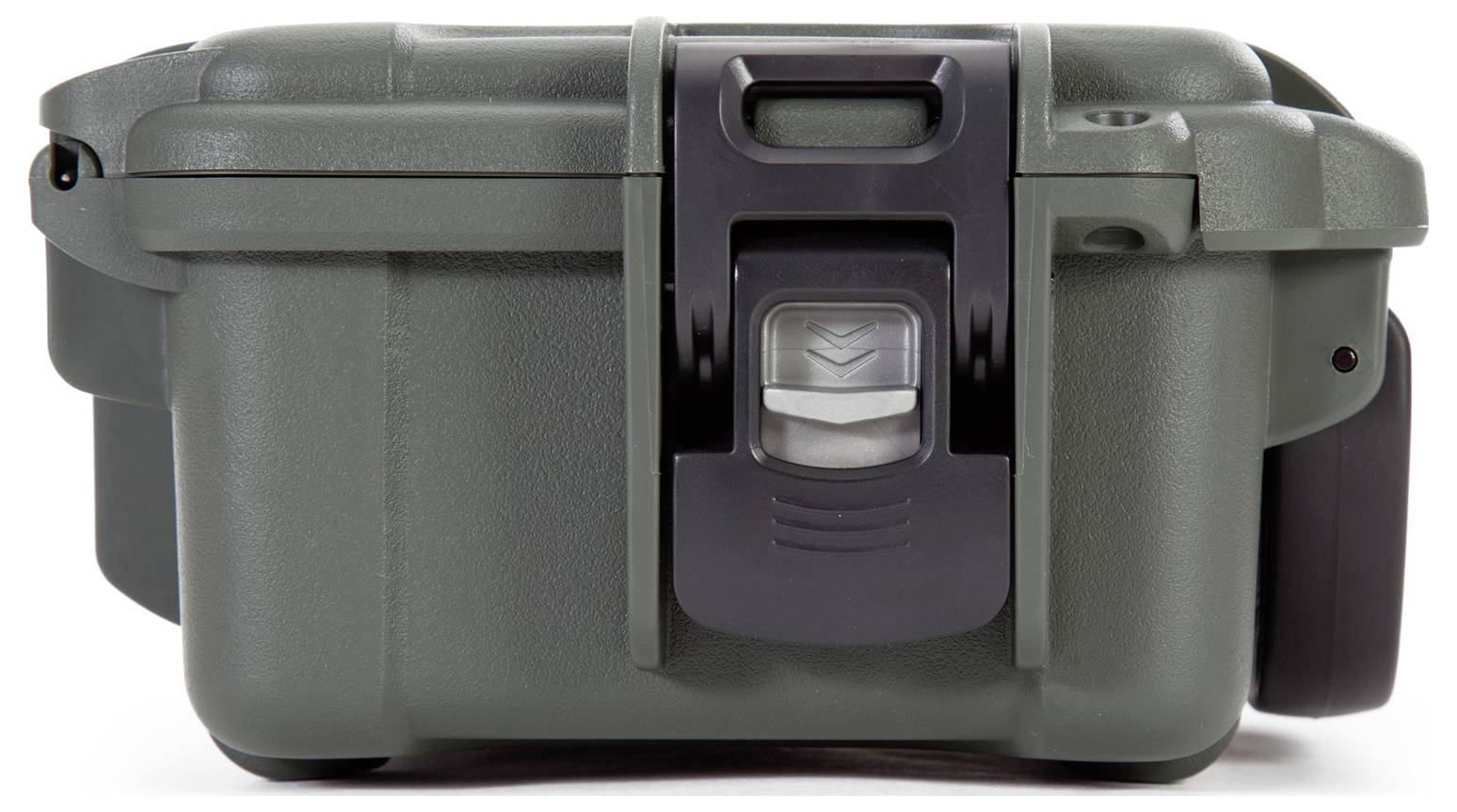 A sturdy, green protective case with a black fastener at the front, suitable for the secure transportation of delicate items.