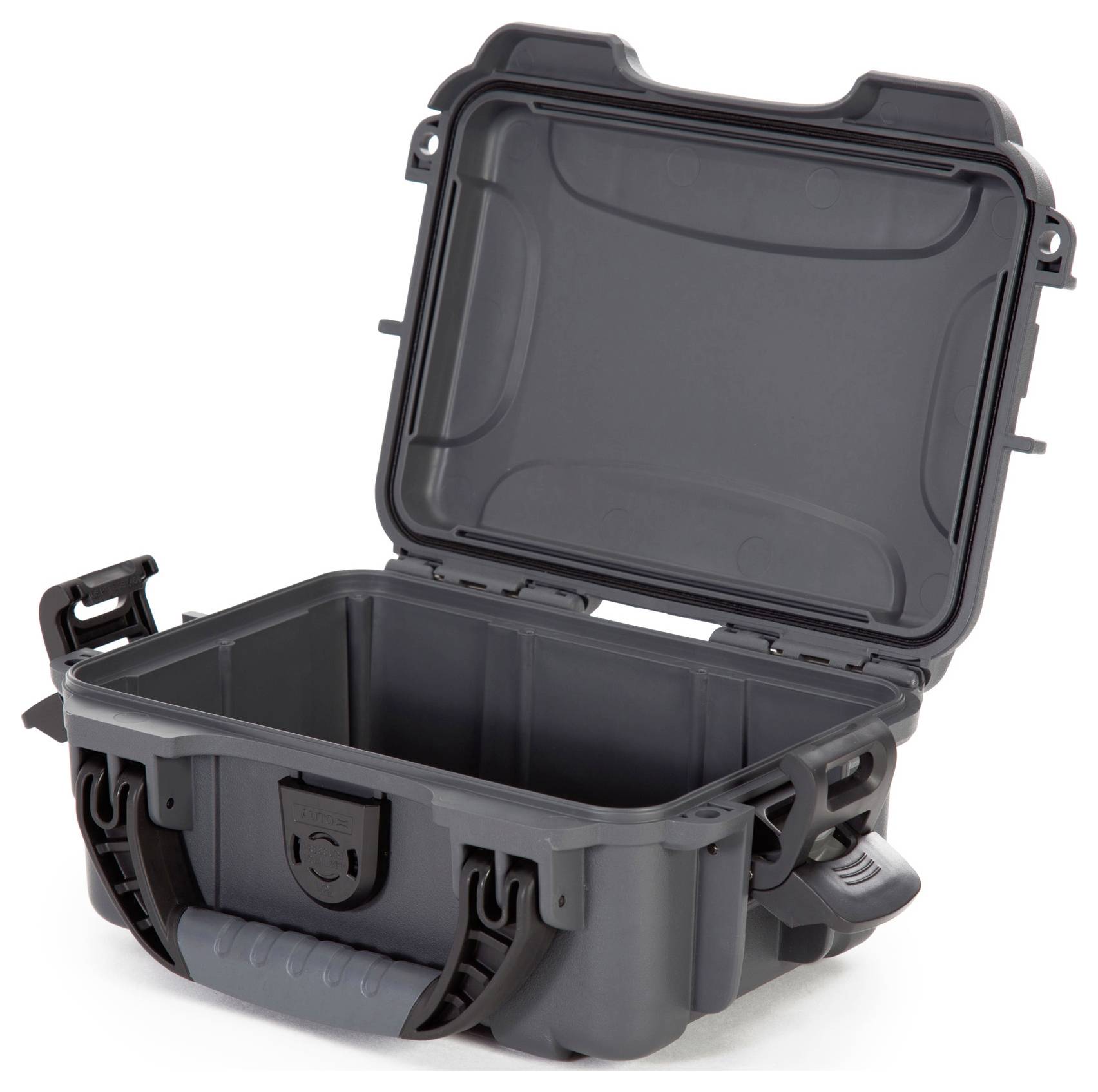 Open grey hard-shell suitcase with handle, with no visible contents.