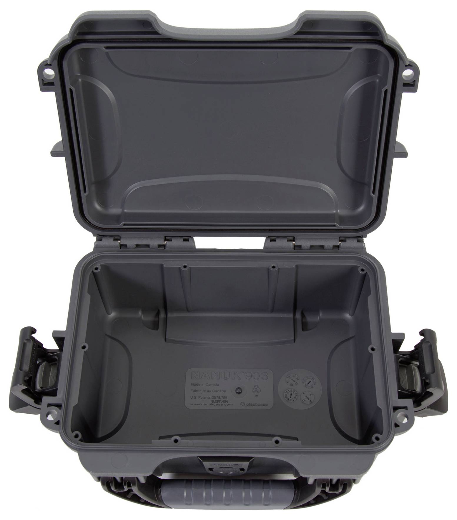 Open black hard-shell case with foam interior and snap locks on the sides. Suitable for protecting sensitive equipment.