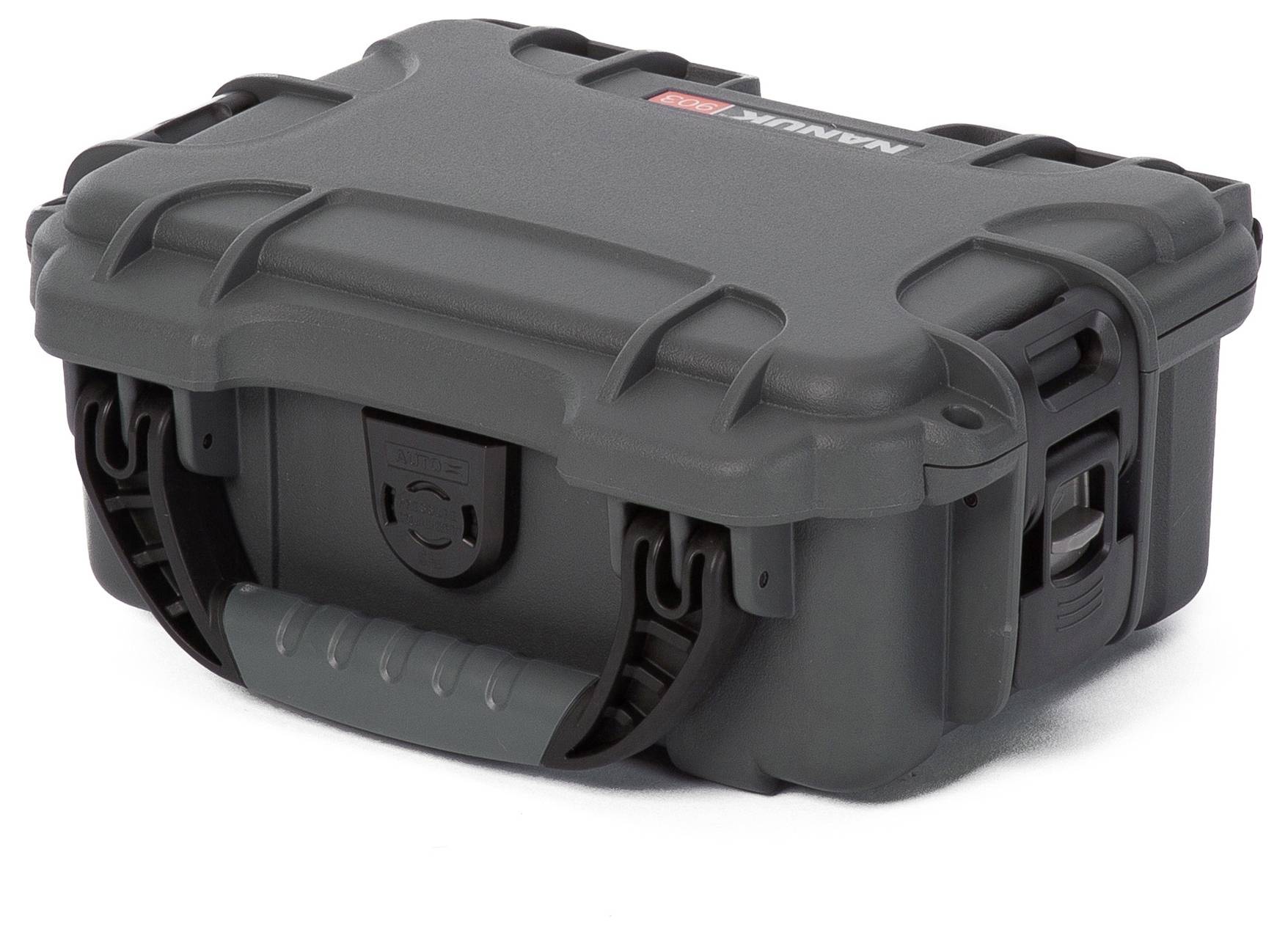 Dark grey, robust plastic case with carry handle and snap locks for secure transportation of delicate items.