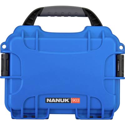 Blue, robust protective case with handle, labelled 'NANUK 903'. Suitable for transporting delicate equipment.