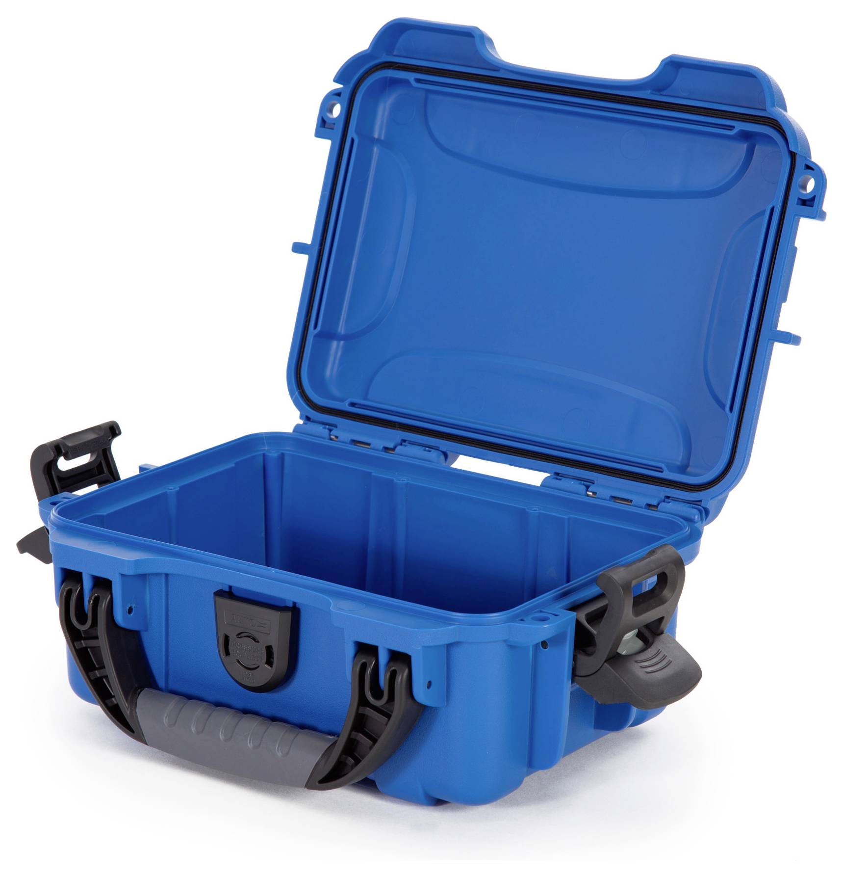 Blue toolbox made of robust plastic, open and empty, with two latches and a carry handle.