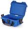 Blue toolbox made of robust plastic, open and empty, with two latches and a carry handle.