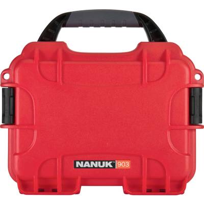 Red, robust Nanuk 903 protective case with black handle. Ideal for protecting sensitive equipment or tools.