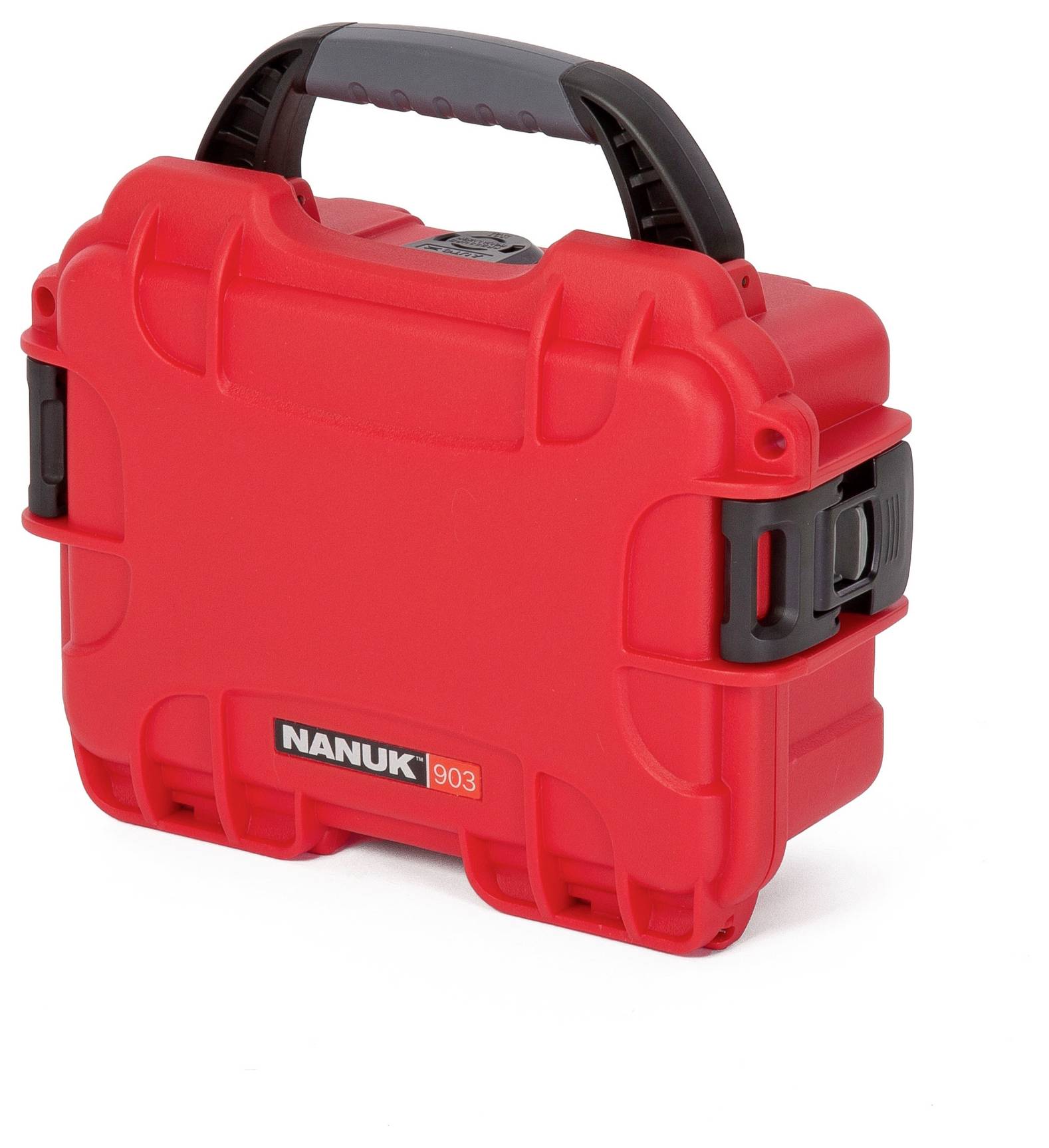Red, compact Nanuk 903 hard-shell case with black handle, suitable for safely transporting delicate items.