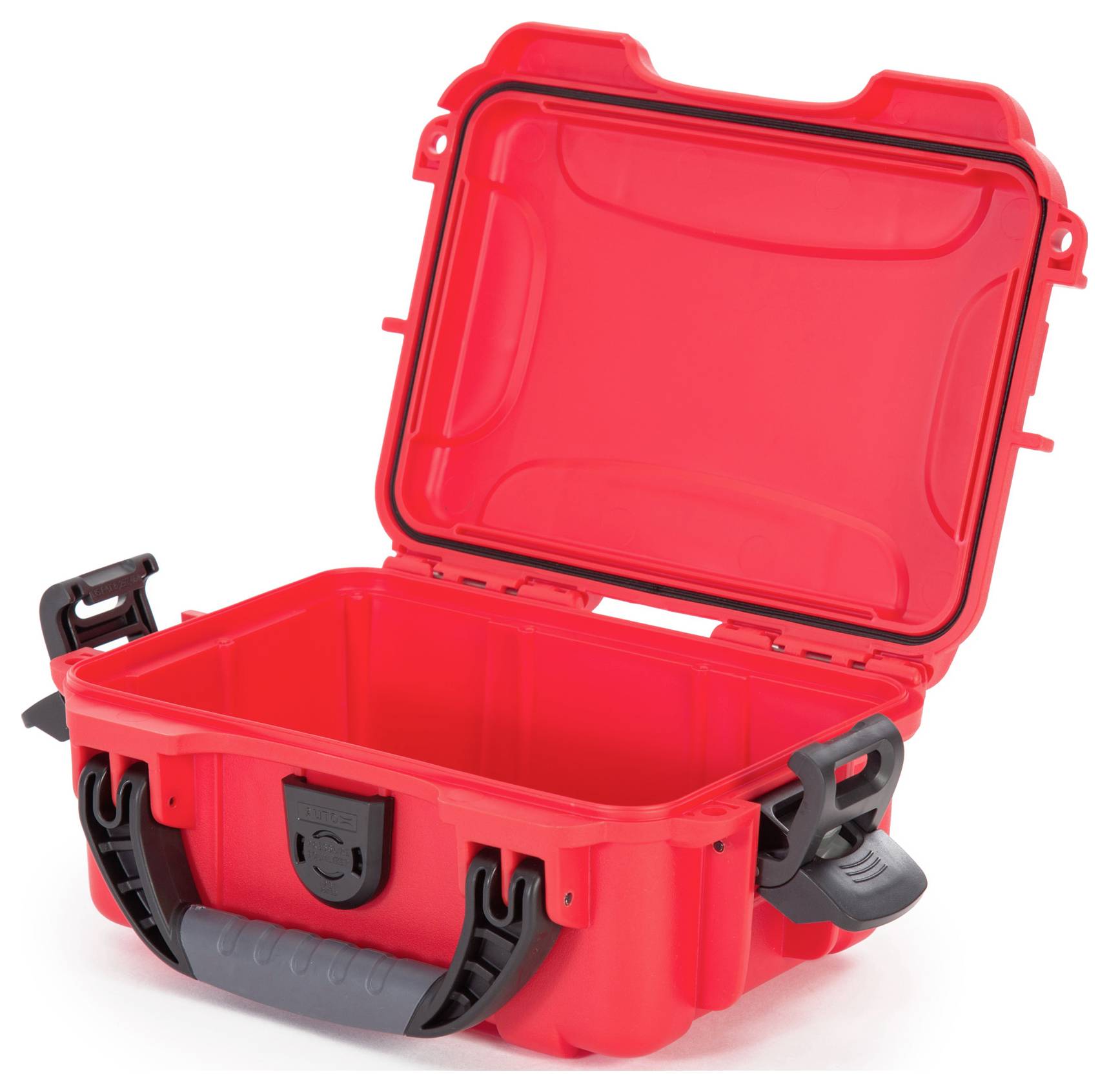 An open, red hard-shell suitcase with a black handle and locks, the empty interior visible. Ideal for secure transportation.
