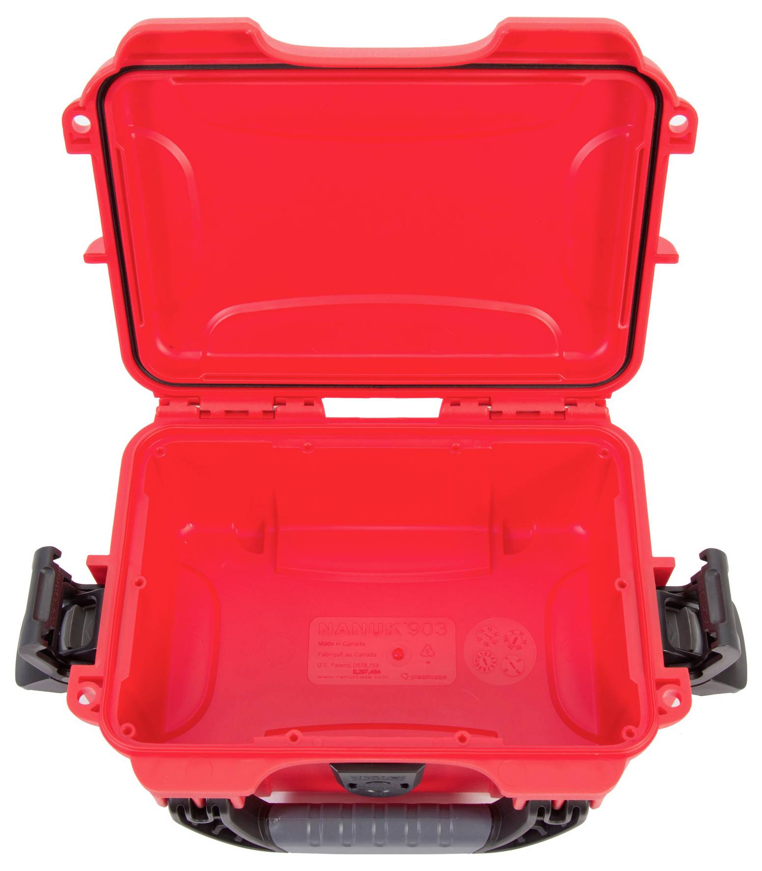 Open, empty, red plastic case with a black handle; suitable for protecting and transporting delicate equipment or tools.