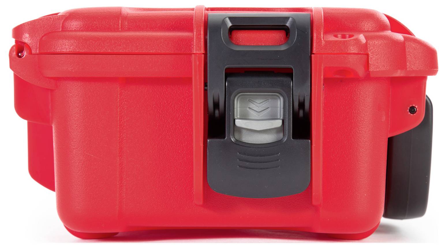 Red, robust plastic case with a black fastener on a white background.
