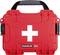 Red first aid box with white cross symbol on the front, sturdy handle.
