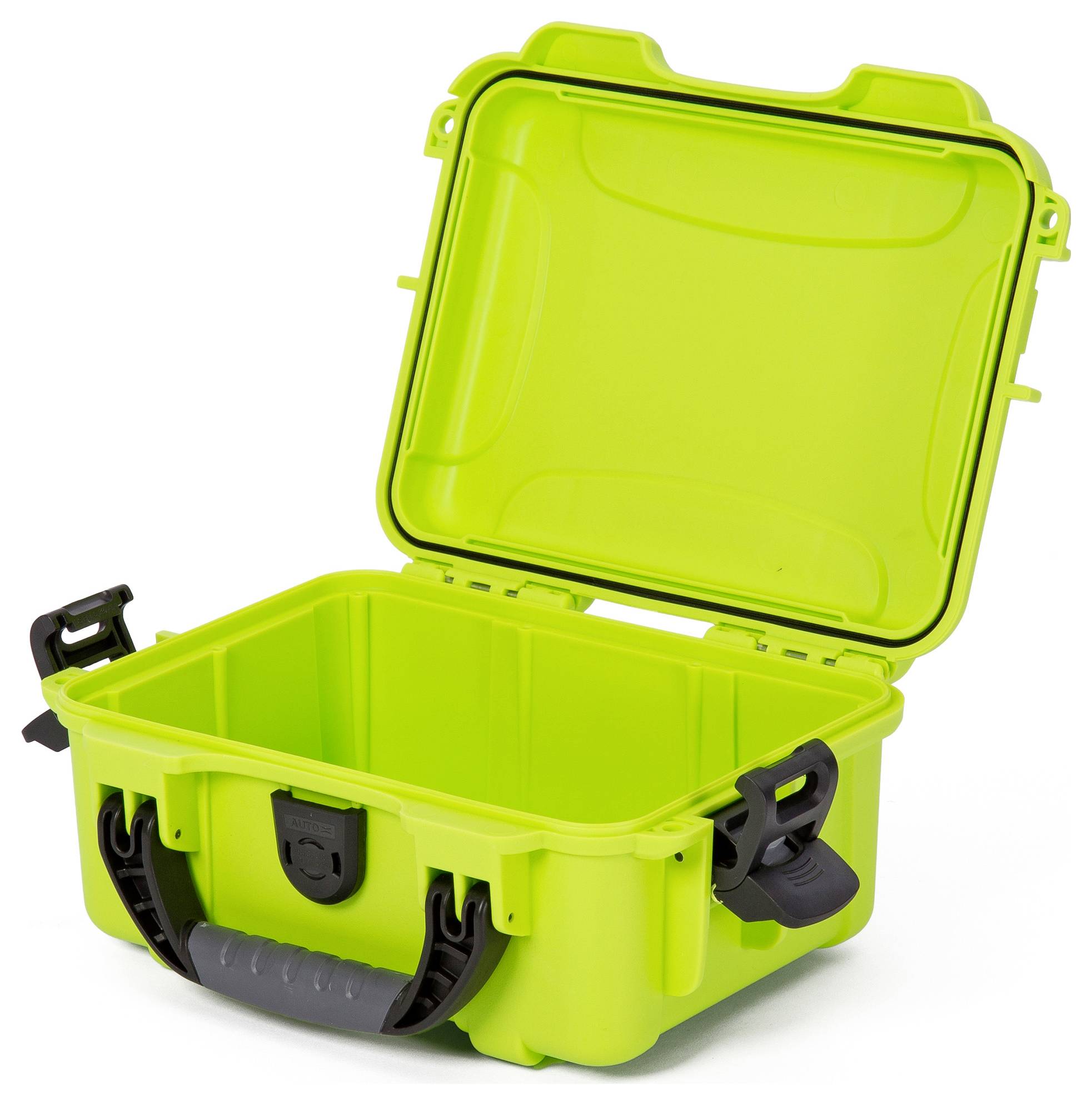 An empty, green, robust suitcase with an open lid and black handle, suitable for the secure transportation of delicate items.