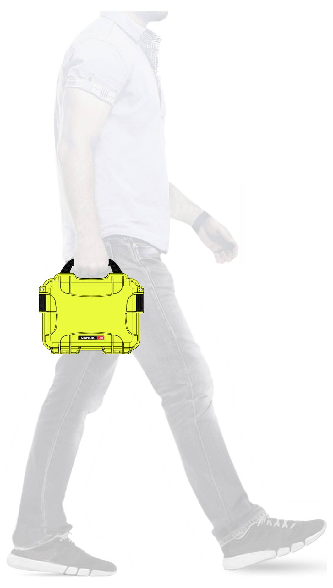 A person is carrying a conspicuously yellow suitcase in their right hand. The rest of the person is greyed out to highlight the suitcase.