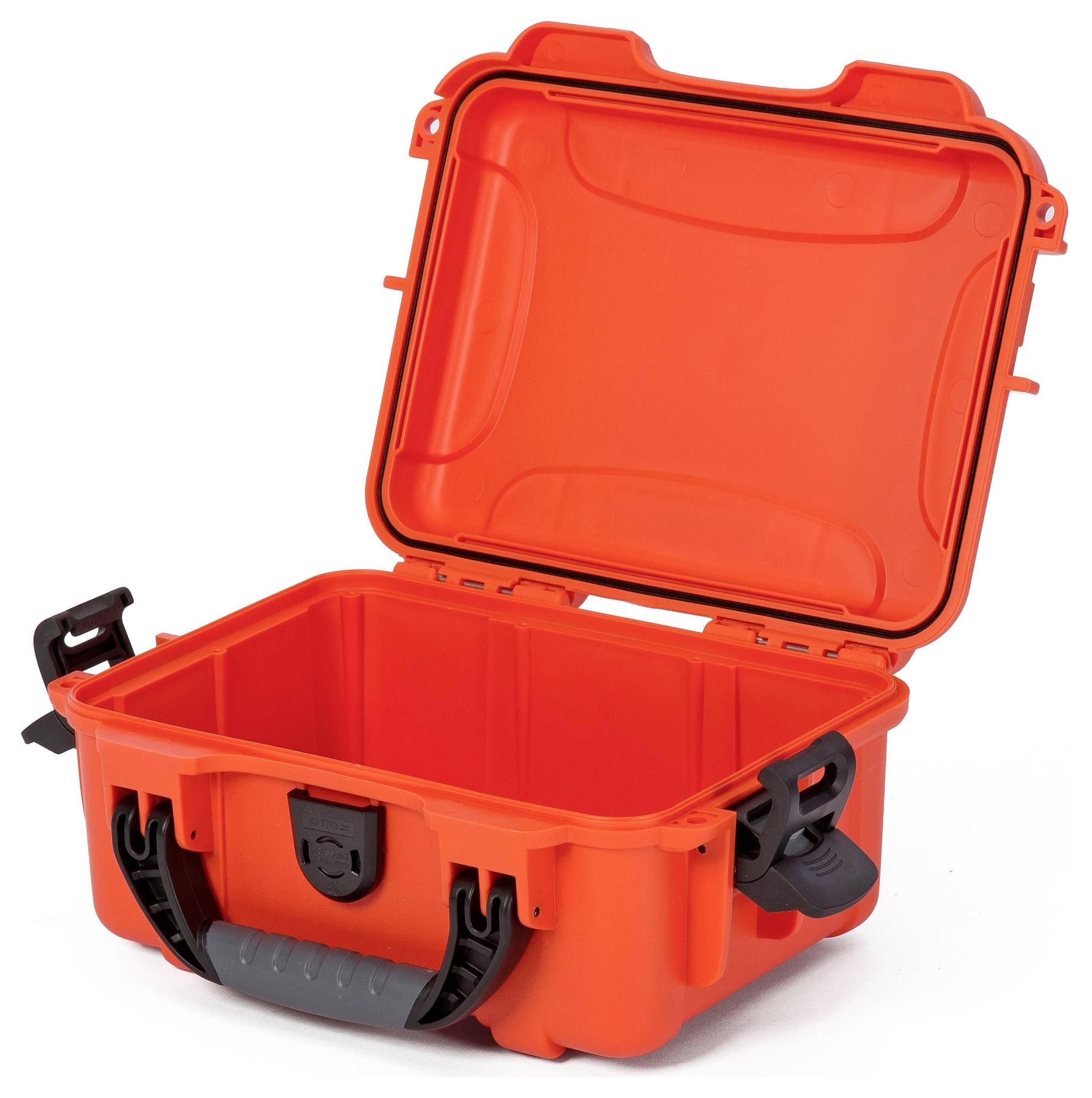 An open, bright orange protective case with a grey carry handle and black fastenings.