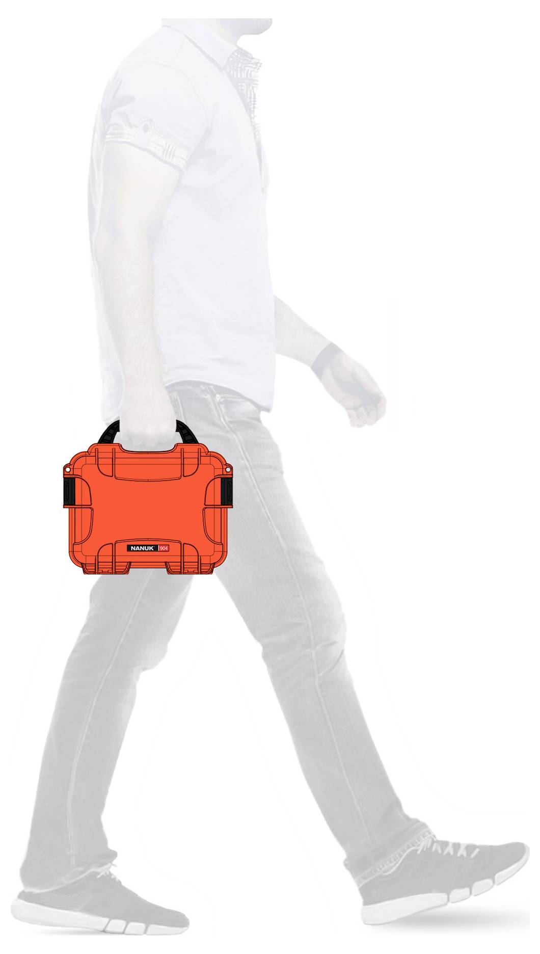 A man walks to the right carrying a small, orange, square suitcase. His face is not visible.