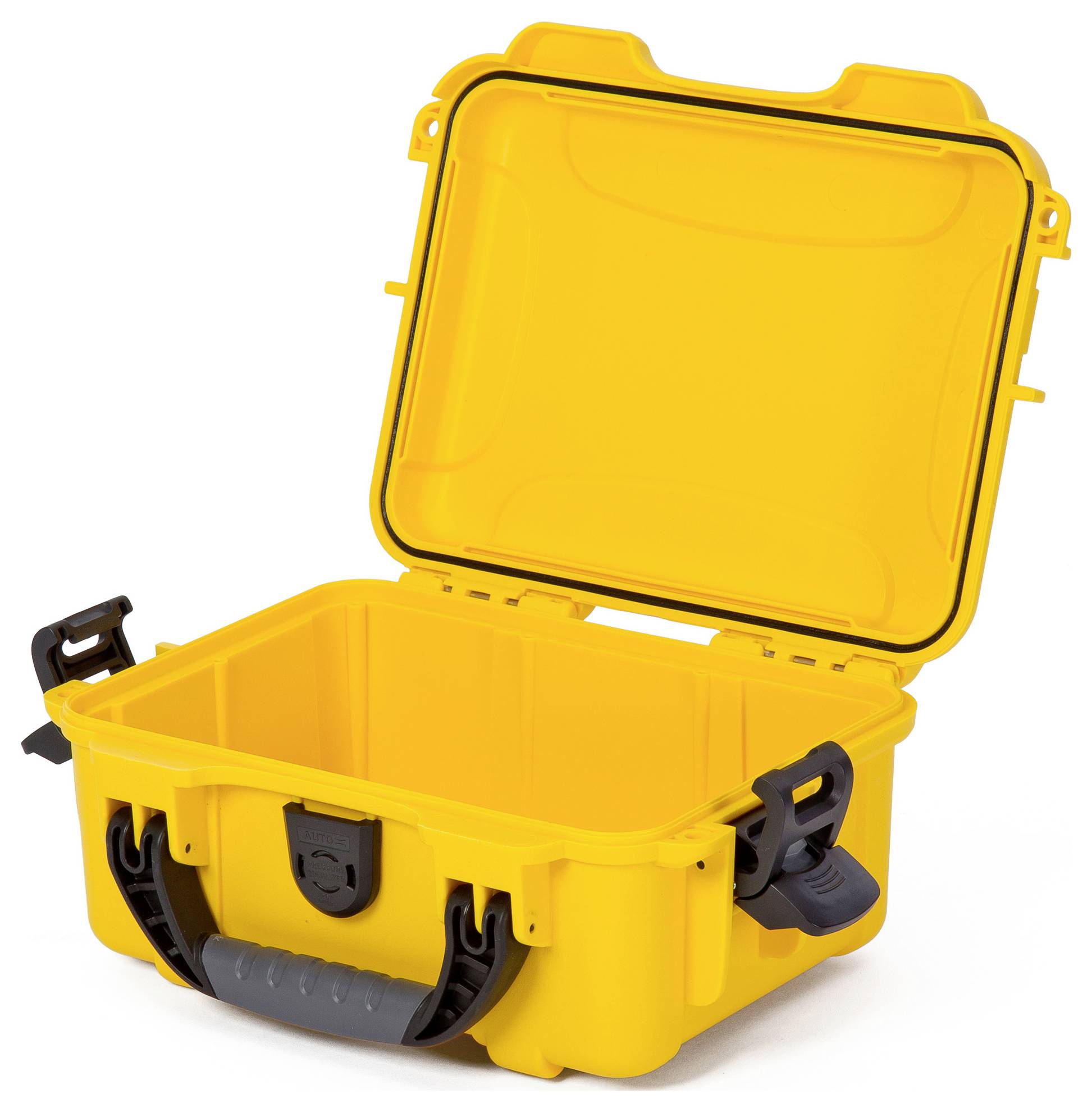 Yellow, rectangular protective case with an open lid, robust design, and black fastenings, suitable for secure storage.