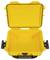 Open yellow hard-shell suitcase with black handles on both sides.