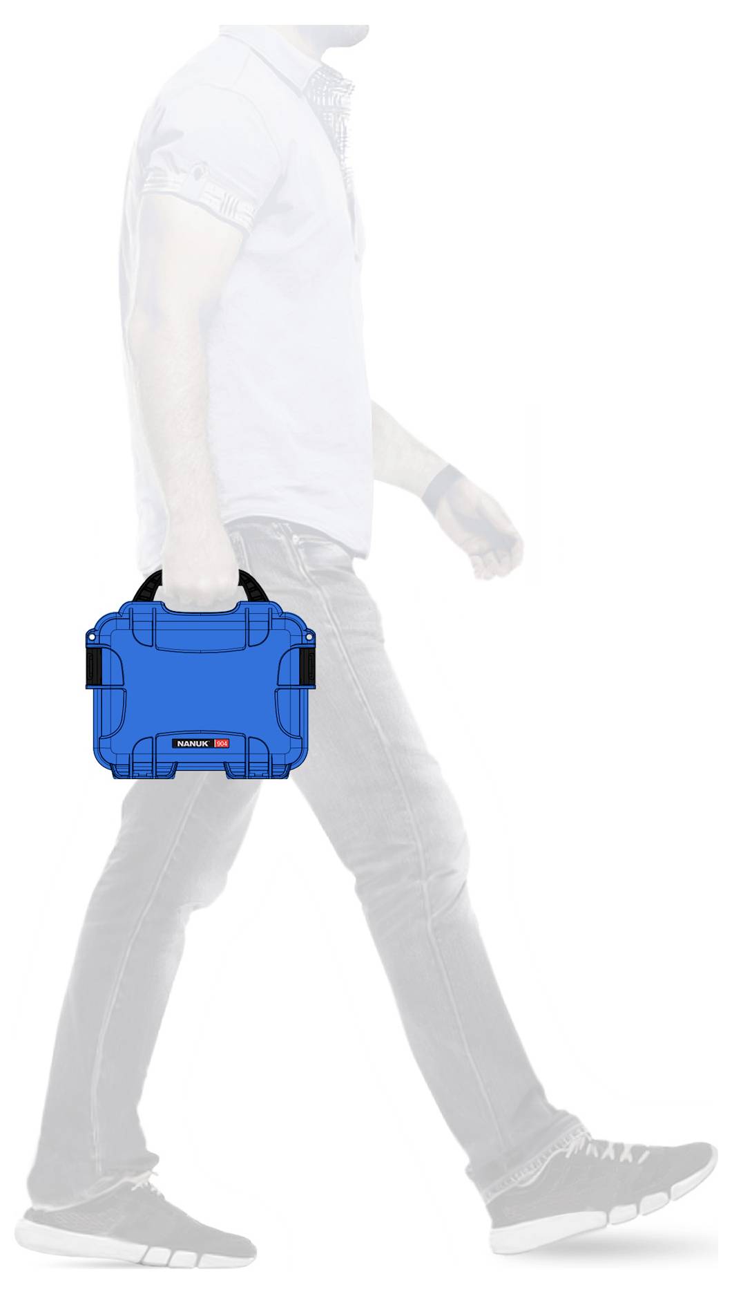 A man is carrying a blue suitcase in his left hand while walking.