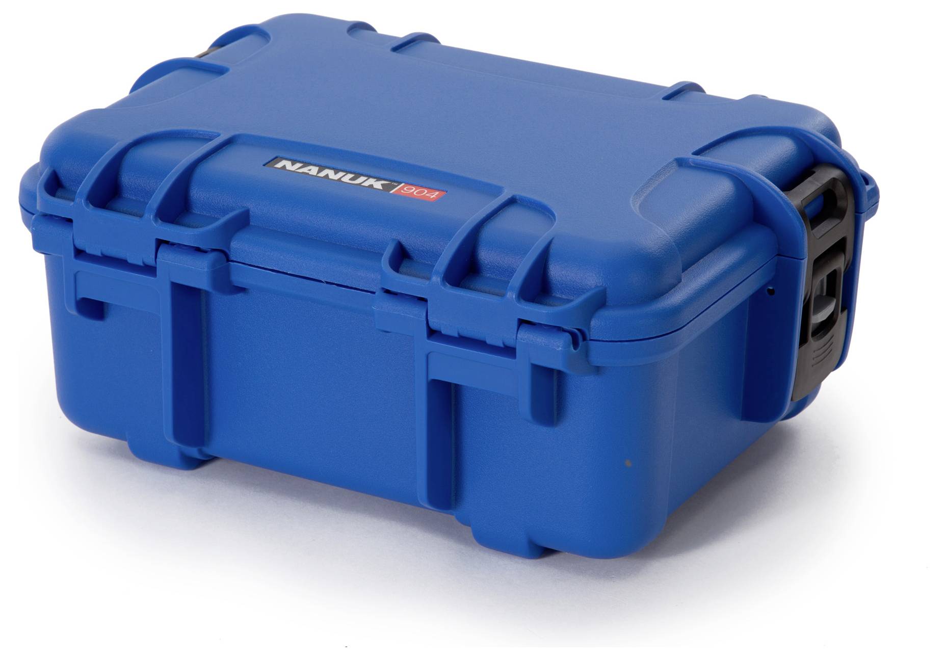 A blue, robust plastic case with snap locks and a carry handle. The case bears the logo 'NANUK 904'.