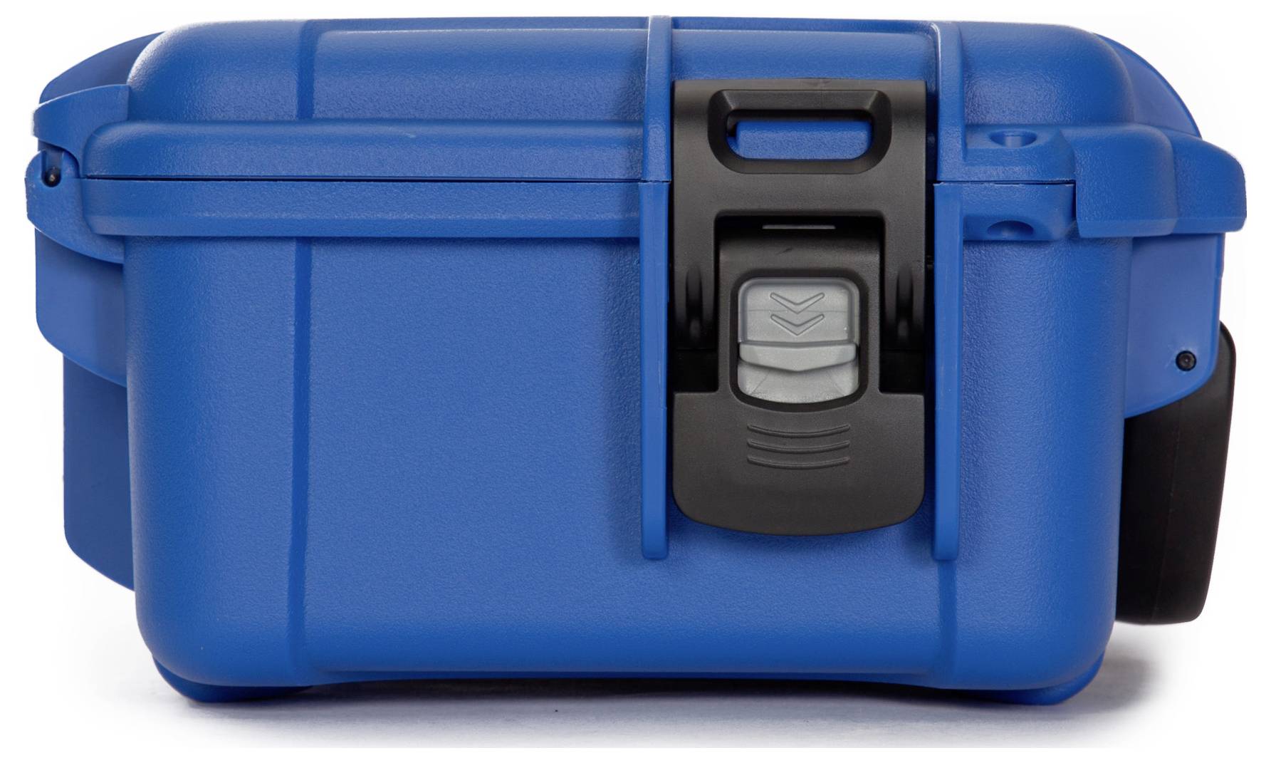 Blue, robust protective case with black fastening, viewed from the side. Suitable for the secure transportation of delicate items.