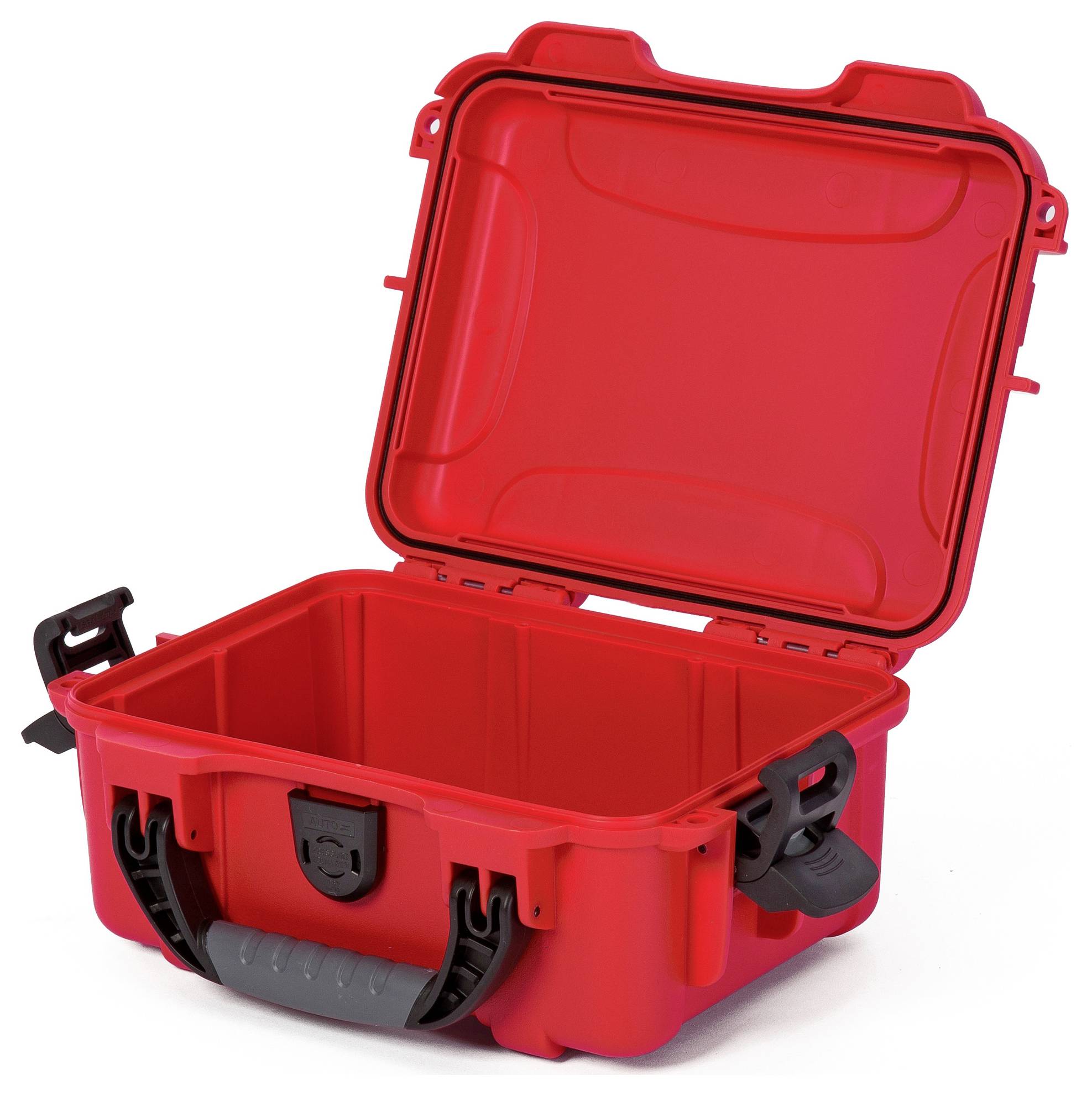 An open red toolbox with a robust lock and handle. Suitable for securely storing tools and accessories.