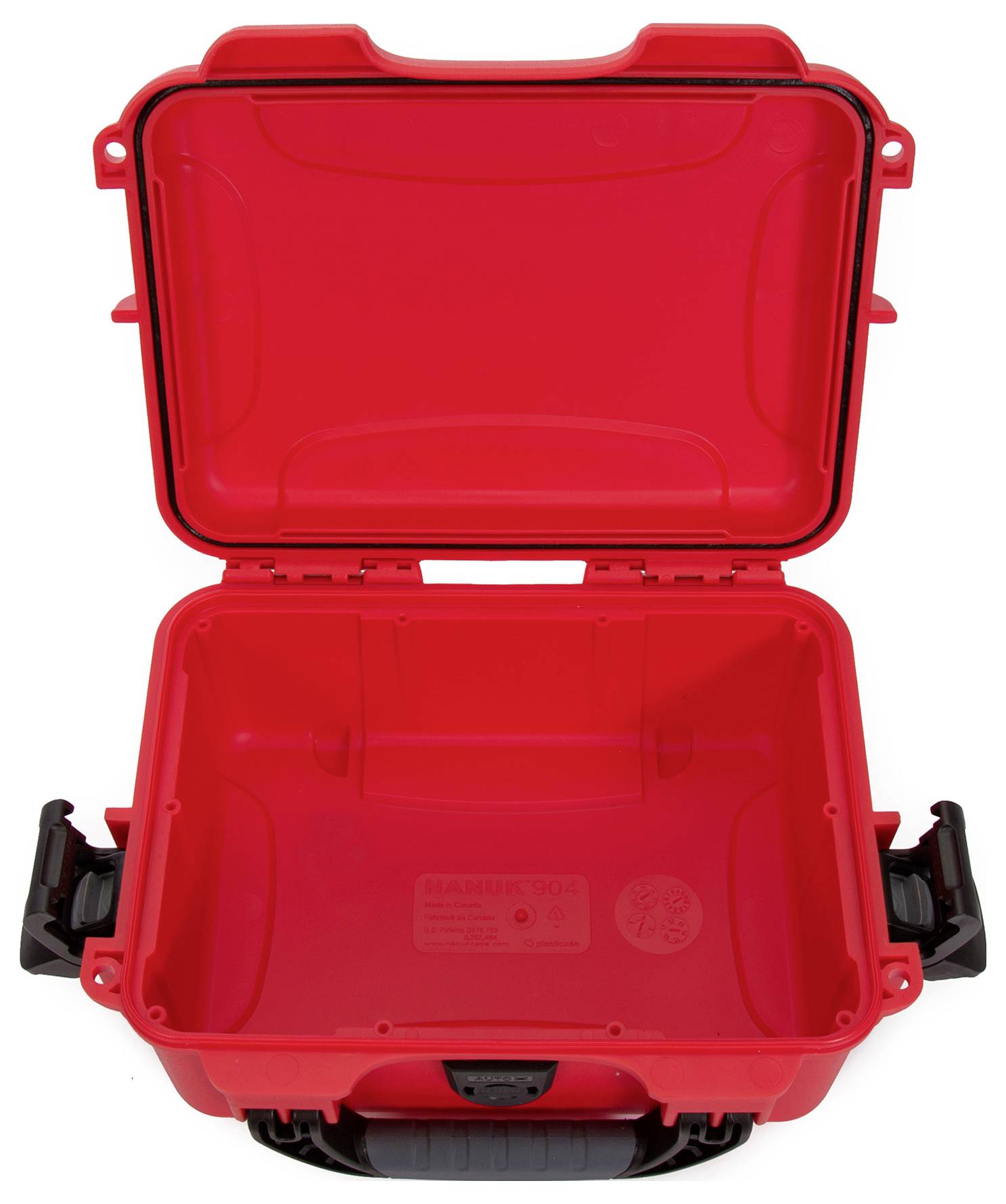 Red, open plastic suitcase with handles on the sides; empty inside.
