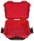 Red, open plastic suitcase with handles on the sides; empty inside.