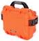 An orange Nanuk case with a black handle and fastenings. Suitable for transporting and protecting sensitive equipment.