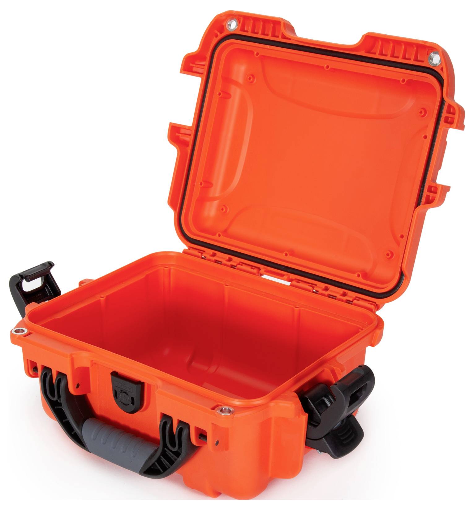Orange, open, robust protective case with a black handle and fastenings, suitable for the safe transportation of electronic devices.