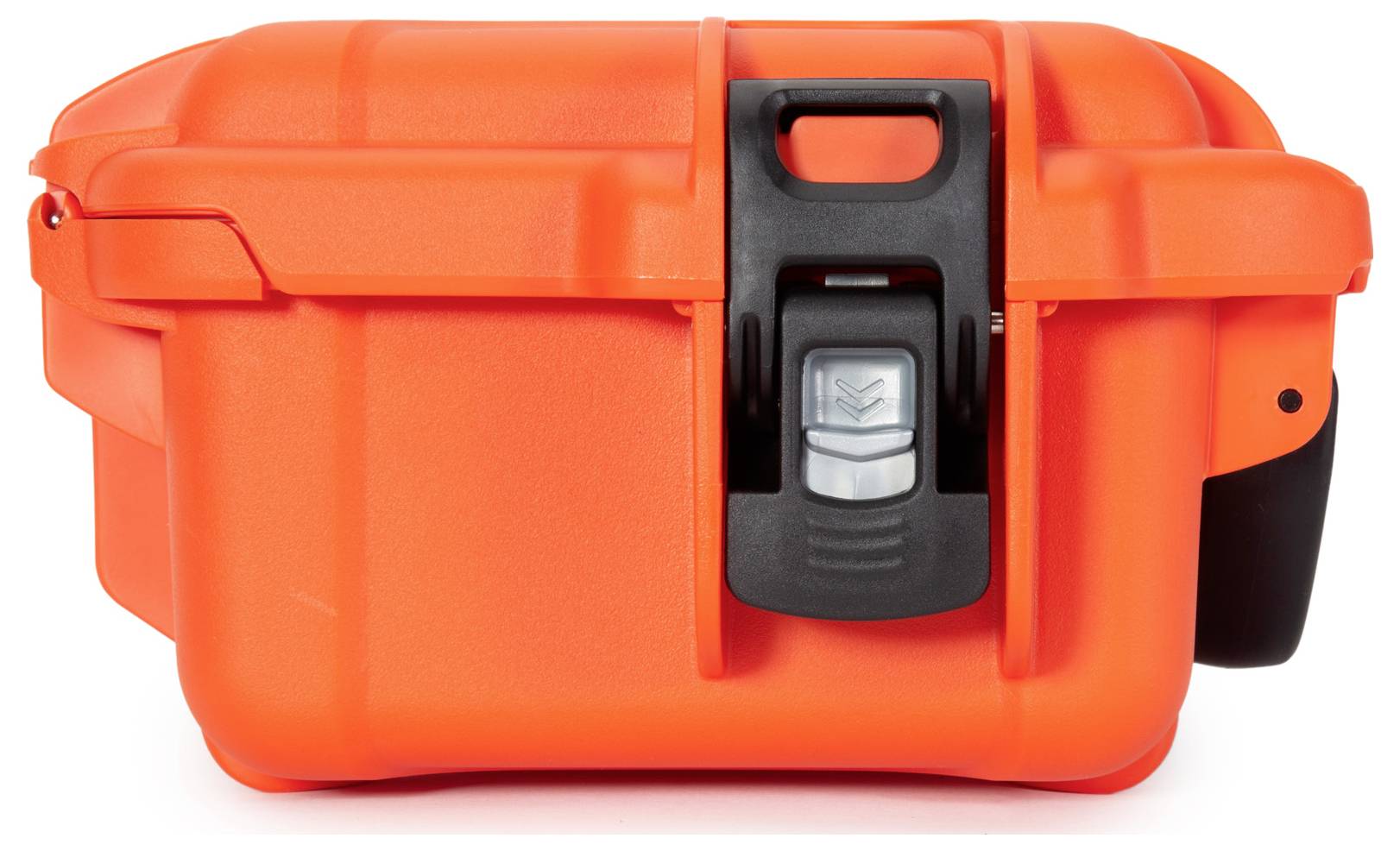 Orange-coloured, sturdy suitcase with black fastening, used for secure transportation of delicate items.