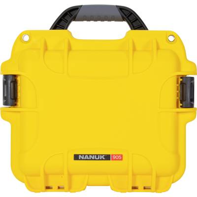 Yellow plastic case with black handle, sturdy and robust, for transporting and protecting delicate items, brand 'Nanuk 905'.
