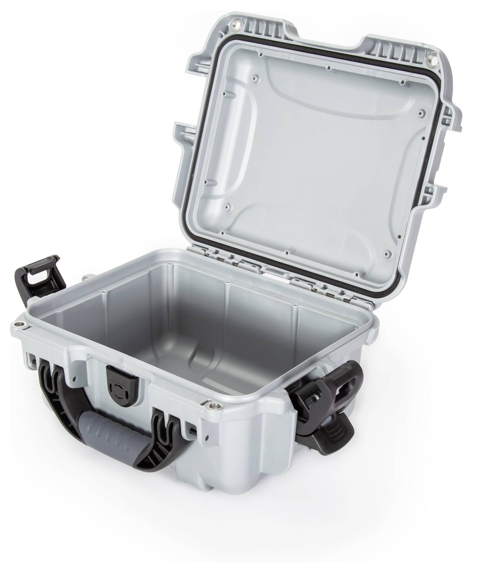 Silver, open hard-shell suitcase with black latches and handle. Suitable for secure transportation of delicate items.