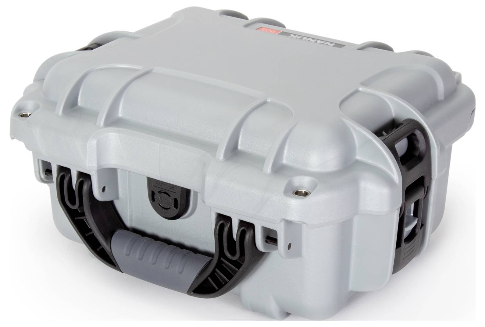 'Grey, robust protective case with rounded corners, black carrying handle and side locks.'