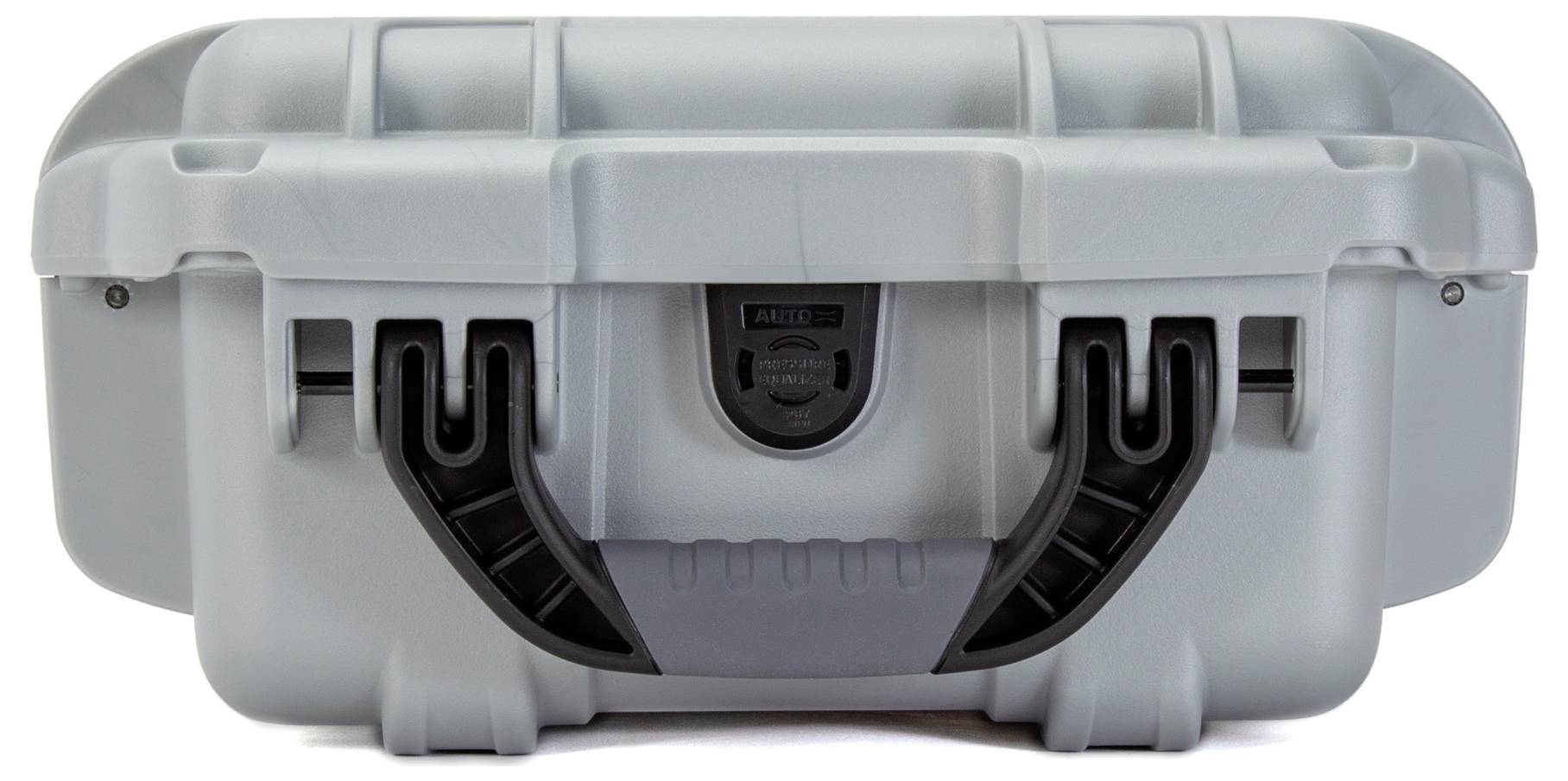 Grey, sturdy suitcase with a black carrying handle in the centre and two black fasteners on the front.