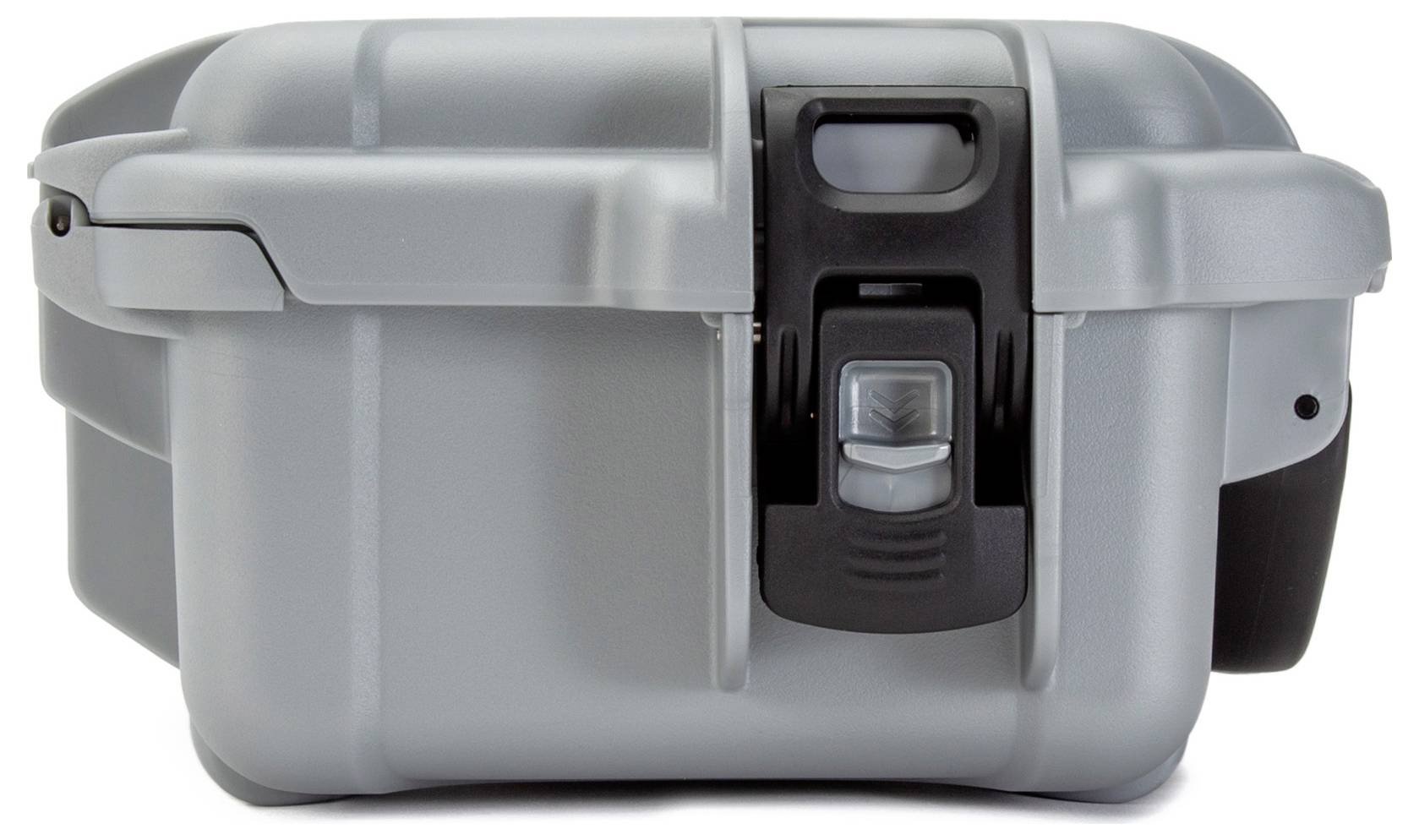 Grey, robust hard-shell suitcase with snap closure and handle, suitable for the secure transportation of delicate items.
