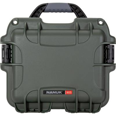 A green, robust transport case with handle and two locks. 'NANUK 905' printed centrally at the bottom.