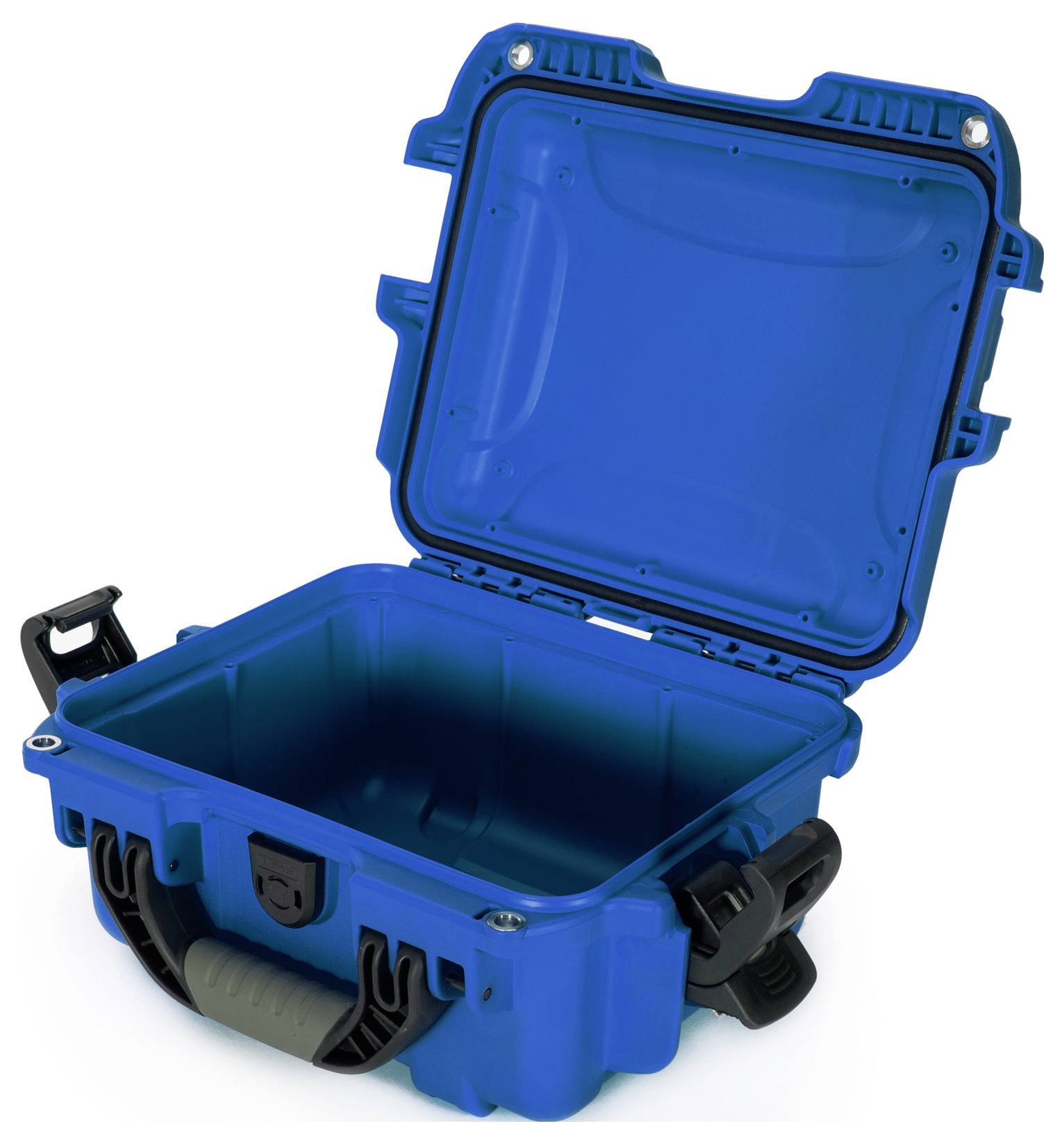 A robust, open blue suitcase with a padded handle, perfect for transporting delicate items.