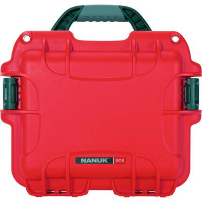 Red Nanuk case with robust casing and green upper handle; suitable for secure transportation of delicate items.