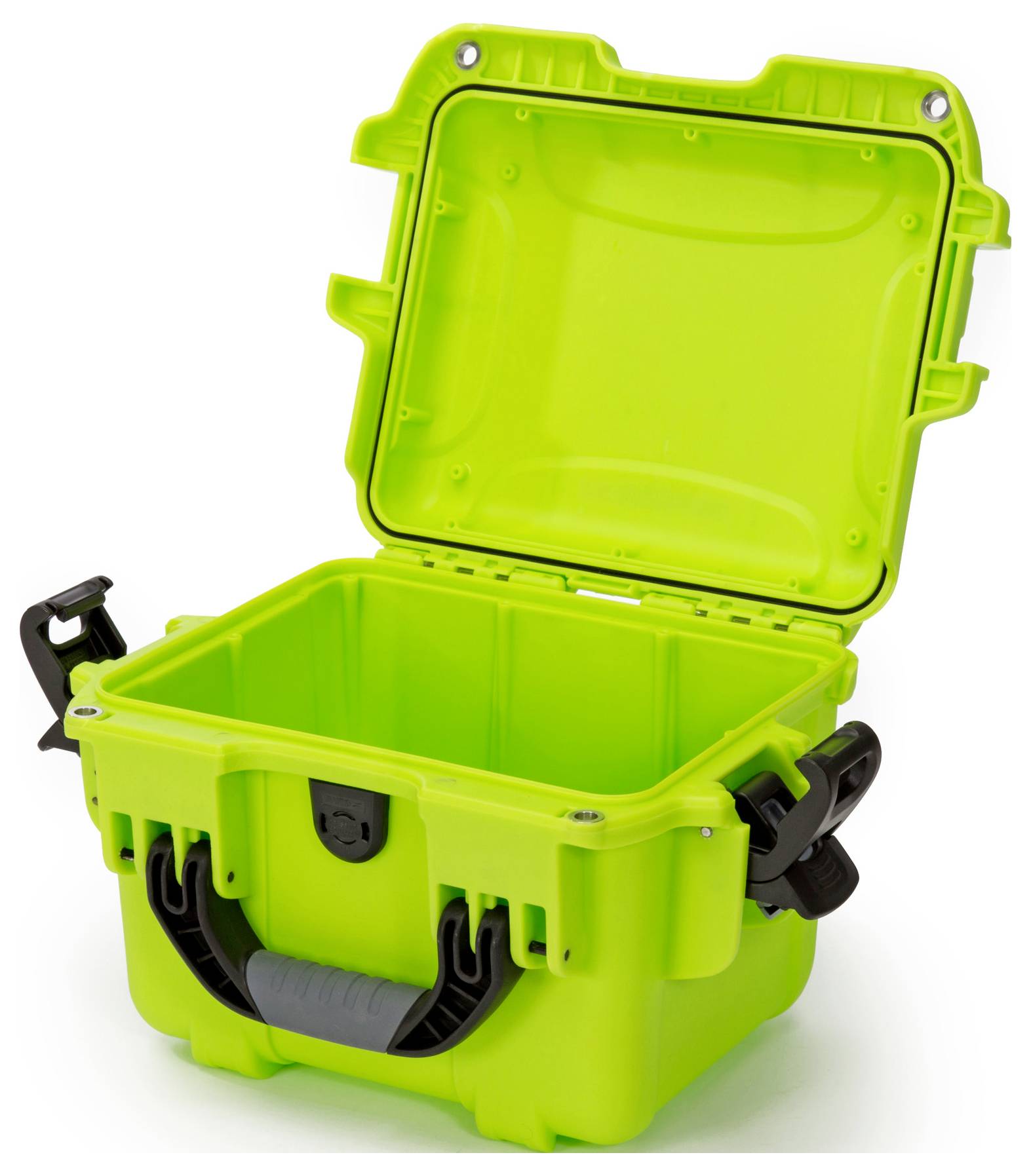 A luminous green, open protective plastic case with a black handle and locks, suitable for secure transportation.