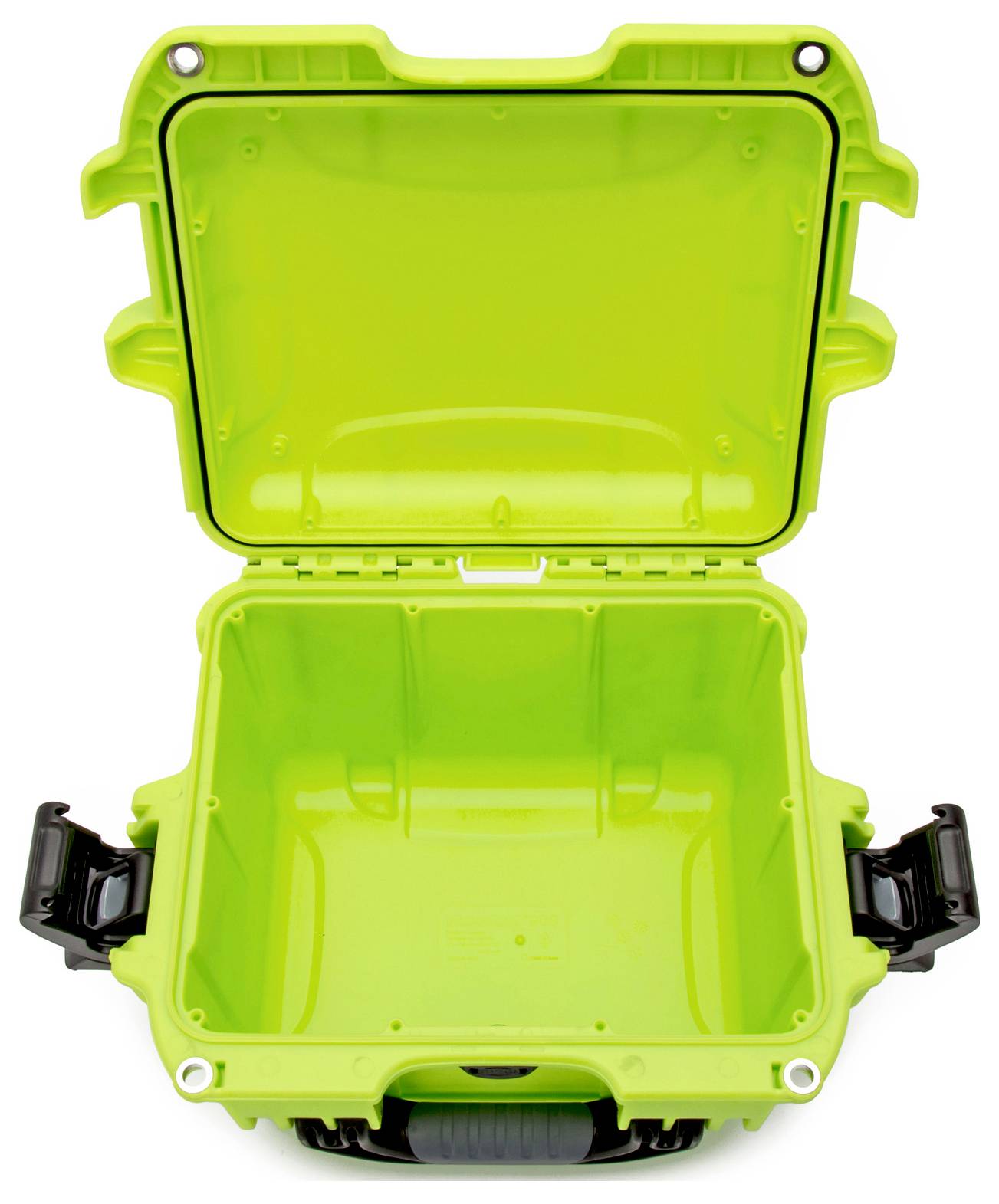 An empty, open suitcase in a vibrant green. It has black handles and robust corners, suitable for protecting and transporting items.