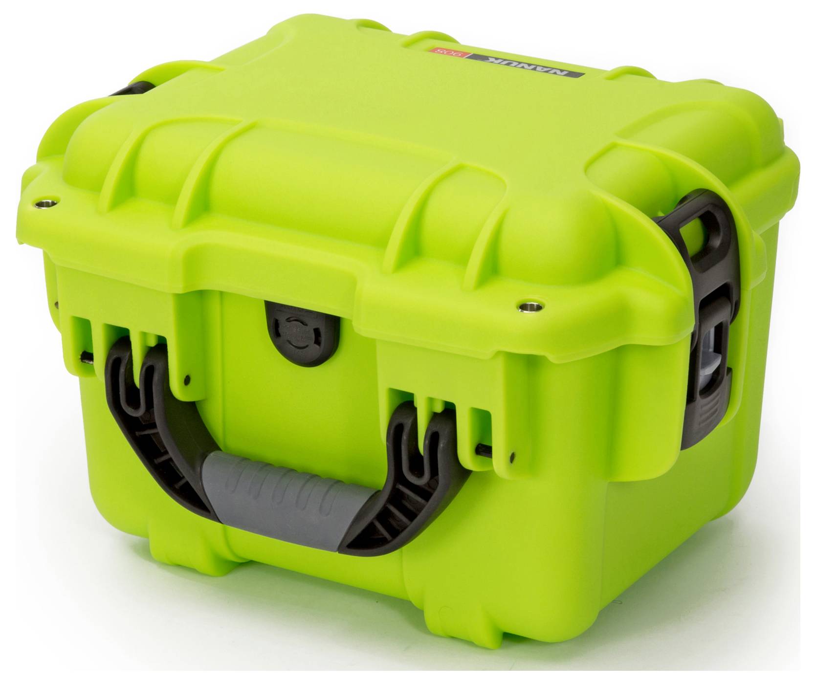 A bright green, robust plastic case with a black handle, suitable for the safe transportation of delicate items.