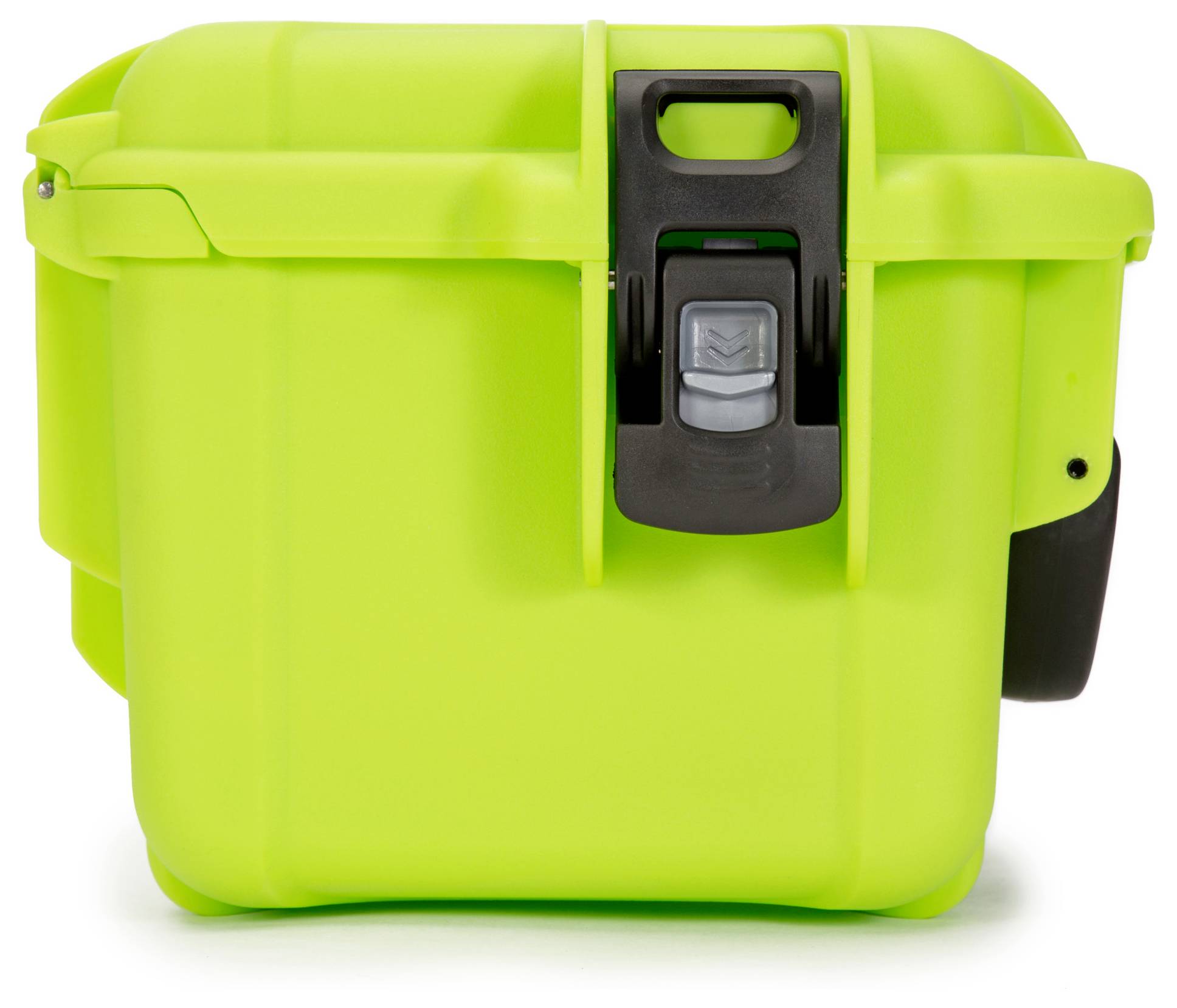 A bright green, sturdy suitcase with a black clasp in the centre, signalling security and protection.