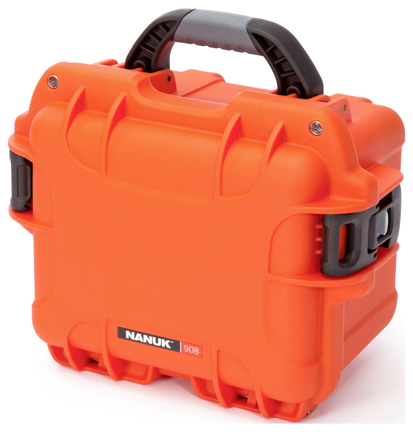 A bright orange protective case with a black handle. Label reads: 'NANUK 908'. Robust construction, ideal for secure transportation.