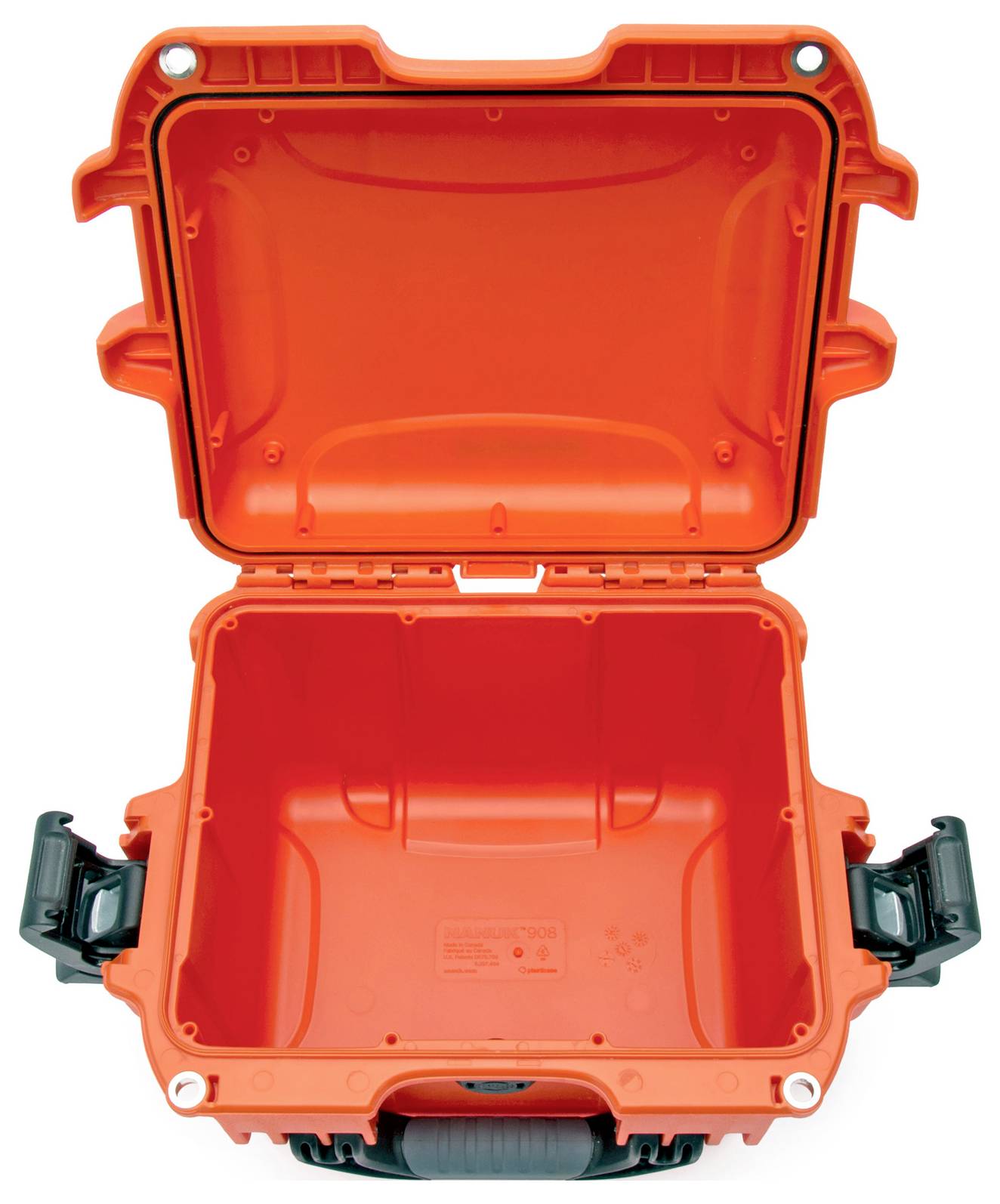 An opened, orange suitcase with a robust design and black fastenings, suitable for securely transporting delicate items.