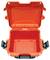 An opened, orange suitcase with a robust design and black fastenings, suitable for securely transporting delicate items.
