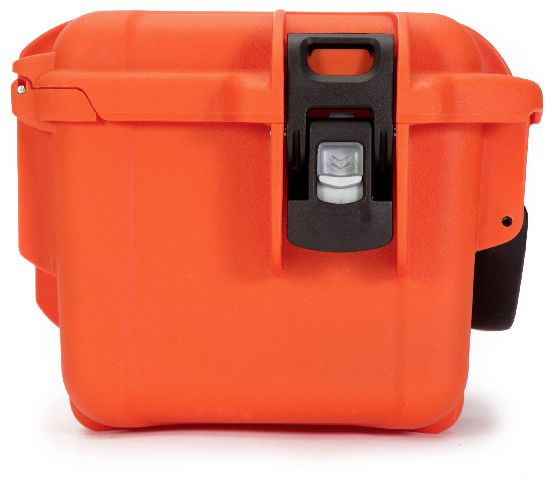 An orange, robust protective plastic case with a black fastener, suitable for the safe transportation of delicate items.